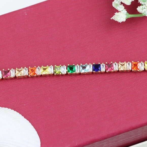 "Rainbow CZ Rose Gold Bracelet with Square Cut Stones, Vibrant Style, XPBL0742 - Picture 12 of 12